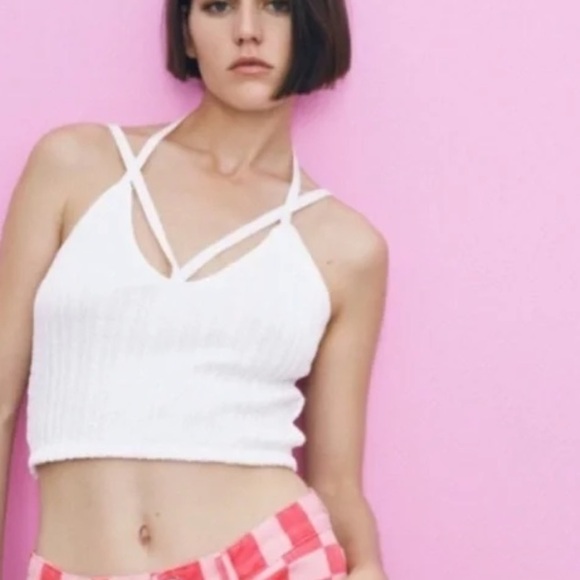 Zara cable knit cropped top with crossed straps, size S, NWT - Picture 2 of 6